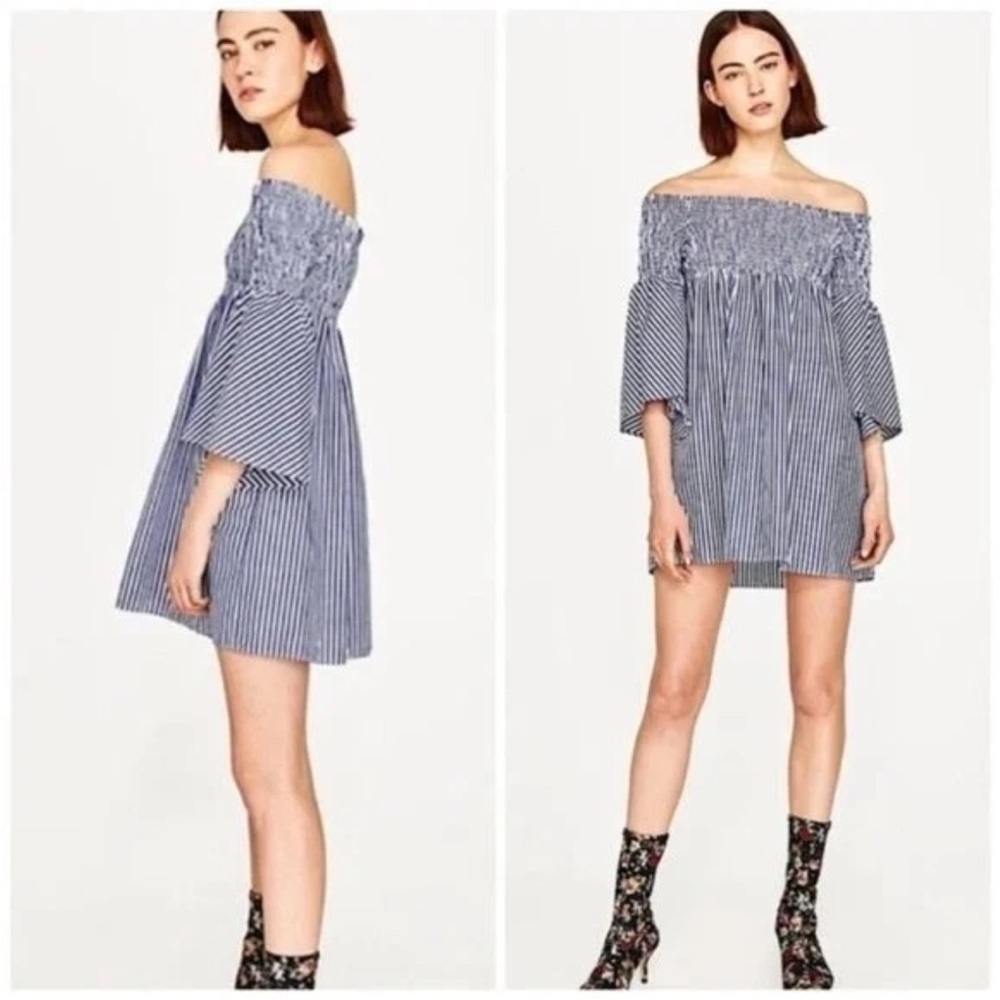 Zara Off Shoulder Bell Sleeve Striped Smocked Mini Dress Womens M Preppy